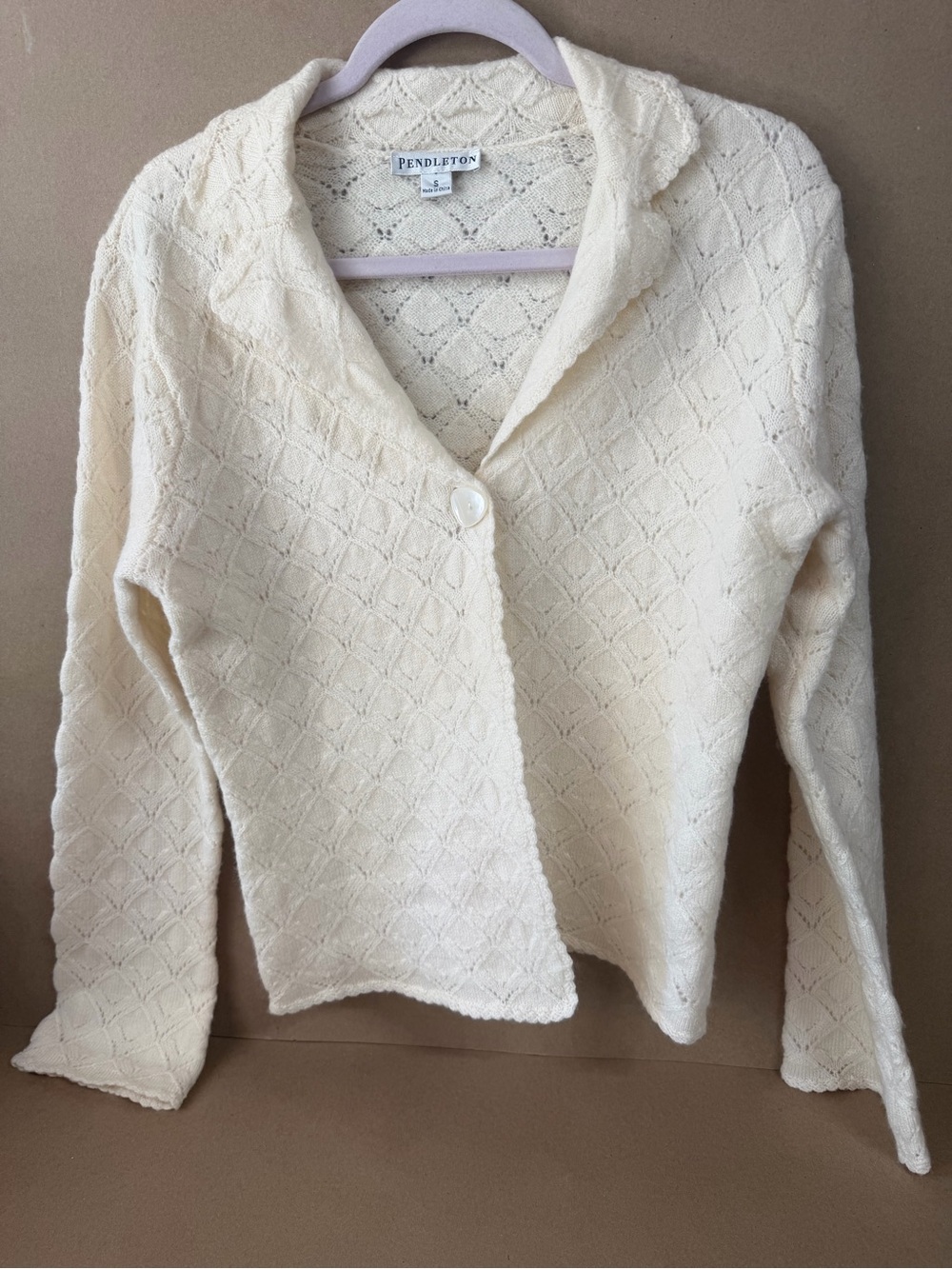 Pendleton Cream Openwork Single-Button Cardigan 100% Merino Wool